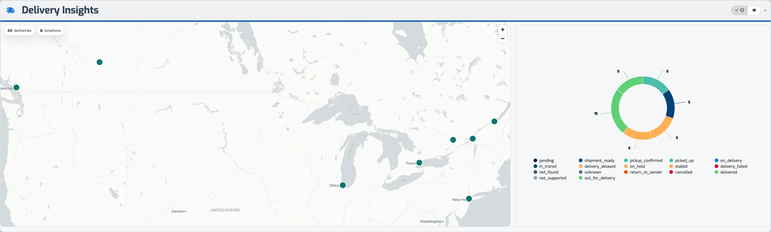 Tandem delivery insights map with demo shipment locations
