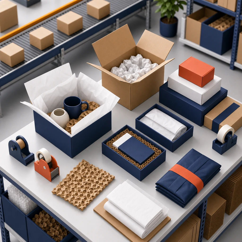 Poste d'emballage ecommerce avec boîtes et matériaux de protection