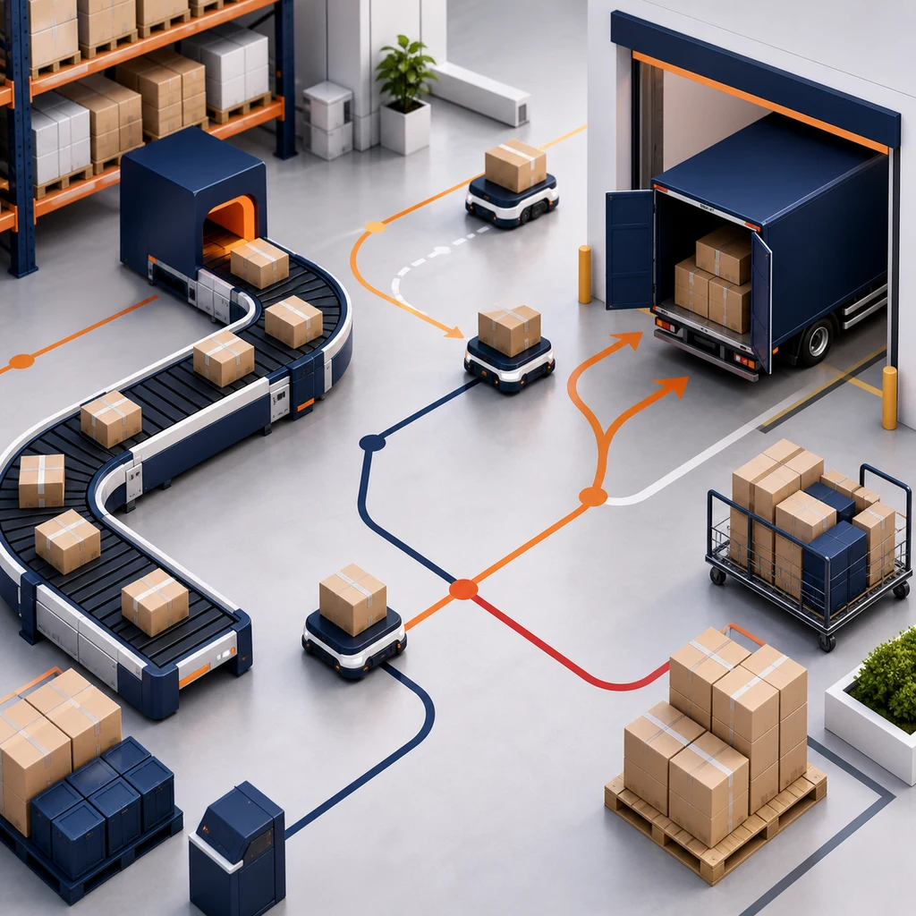 Flux d'expédition ecommerce avec colis et quai de chargement